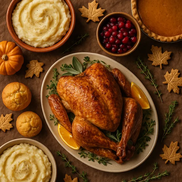 Discover a puzzle with a golden roasted turkey at the center of a cozy Thanksgiving spread, surrounded by creamy mashed potatoes, glossy cranberry sauce, pumpki