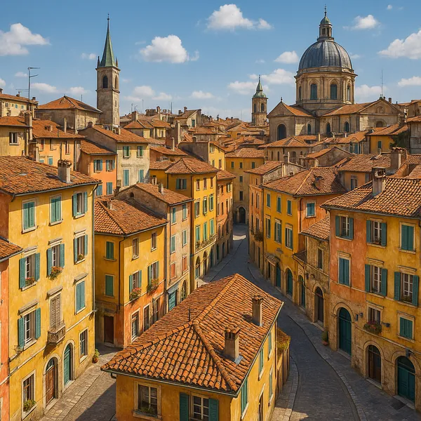 Discover a puzzle with a sunlit Mediterranean townscape: warm ochre and terracotta buildings with green shutters line a winding cobblestone street, leading the