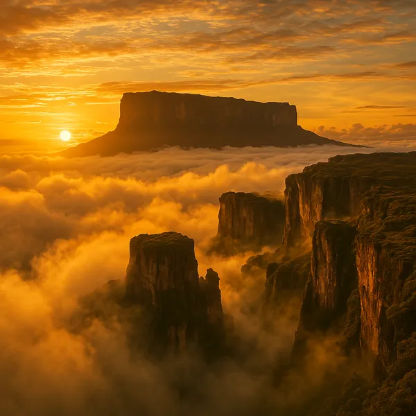 Discover a puzzle with a golden sunrise spilling warm light over towering plateaus and dramatic cliff edges rising through a sea of clouds.