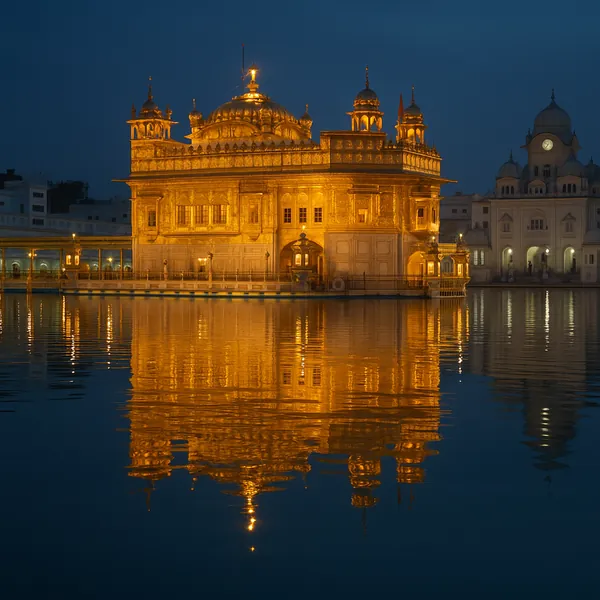 Discover a puzzle with the Golden Temple glowing in warm amber lights against a deep blue night sky, its ornate domes and arches mirrored perfectly in the calm
