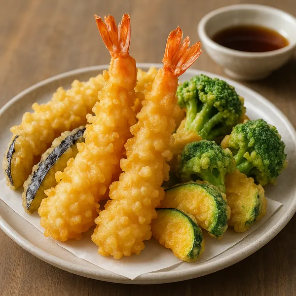 Enjoy assembling a puzzle depicting a plate of golden tempura shrimp and crisp vegetable fritters—lightly battered prawns, bright green broccoli and slices of z