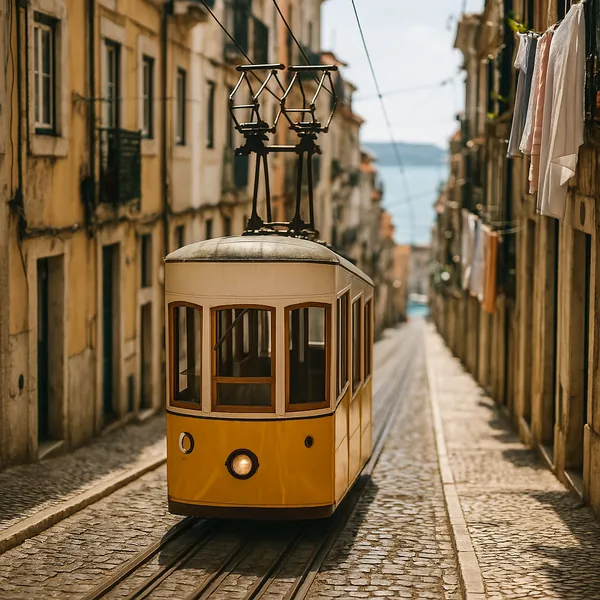 Discover a puzzle with a charming vintage yellow tram gliding up a sunlit cobblestone street toward a distant shimmer of sea.