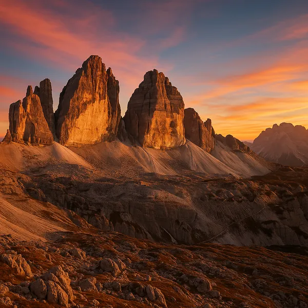 Enjoy assembling a puzzle depicting dramatic rocky peaks bathed in warm golden light against a soft pink and orange sky at sunrise or sunset.