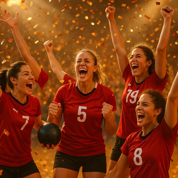 Discover a puzzle with a jubilant women’s handball team celebrating victory amid a shower of golden confetti.