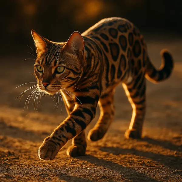 Discover a puzzle with a striking Bengal cat prowling across sunlit earth in warm golden-hour tones.