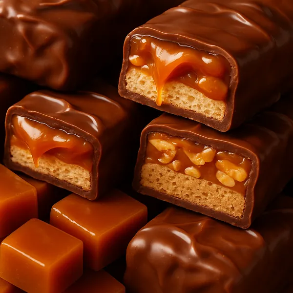 Discover a puzzle with a tempting close-up of chocolate-covered caramel candy bars, glossy golden caramel oozing over crunchy nougat and pieces of nut.