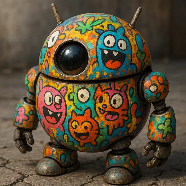 Discover a puzzle with a charming, round robot painted in bright graffiti-style cartoons and cheerful critters.