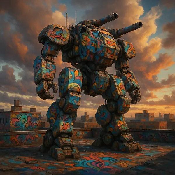 Discover a puzzle with a giant graffiti-covered mech standing on a rooftop at sunset.