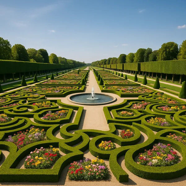 Discover a puzzle with an elegantly manicured formal garden: symmetrical green hedges and topiary, winding parterres filled with colorful flowerbeds, and a cent