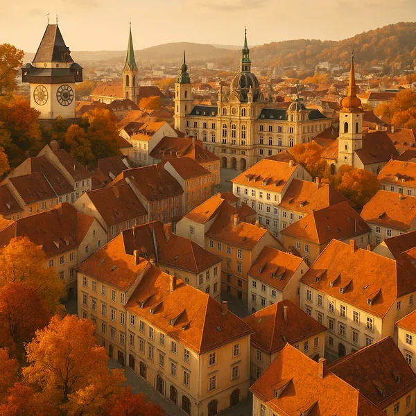 Enjoy assembling a puzzle depicting a sunlit autumn cityscape with terracotta rooftops, elegant church spires, and a stately historic building framed by golden