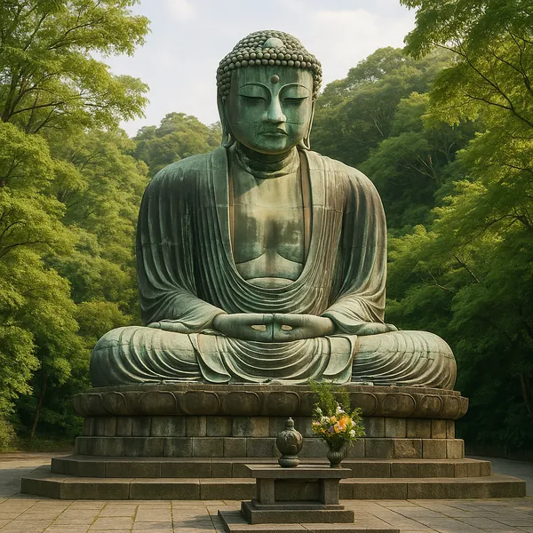 Discover a puzzle with a serene bronze Buddha statue set against a lush, green forest — soft emerald and mossy tones blend with warm patina on the sculpture, cr