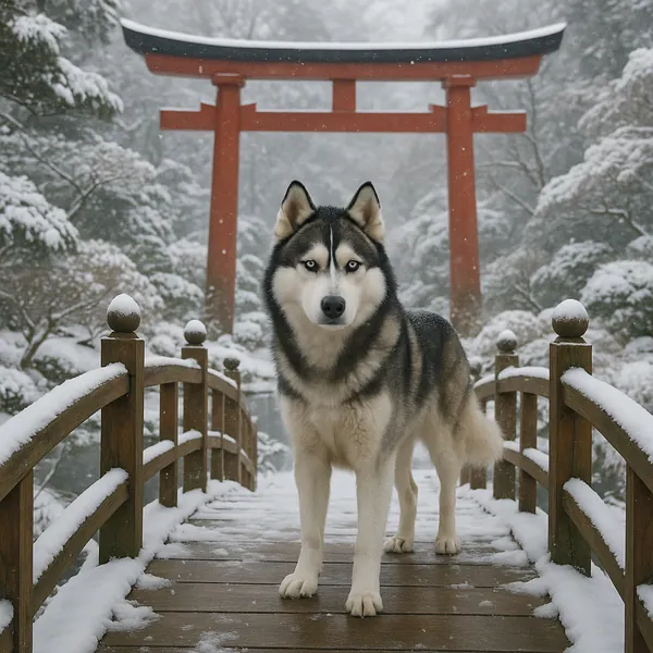 Discover a puzzle with a striking Siberian husky standing on a snow-dusted wooden bridge before a vivid red torii gate in a serene Japanese garden.