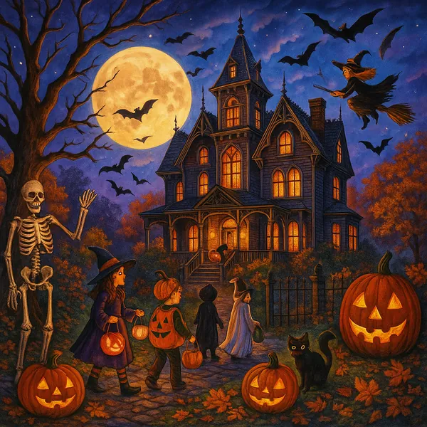 This image captures a vibrant Halloween night scene, perfect for a puzzle.
