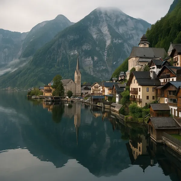 Discover a puzzle with a misty alpine village set along a glassy lake, where a tall church spire and cozy wooden houses tuck against steep, forested mountains.