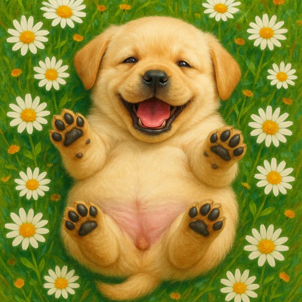 Discover a puzzle with an adorable golden puppy lying on its back among white daisies in a sunlit green meadow.
