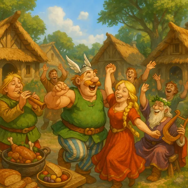 Enjoy assembling a puzzle depicting a cheerful village feast on PuzzleFree.Game: a warm, storybook scene of smiling villagers dancing and making music among tha