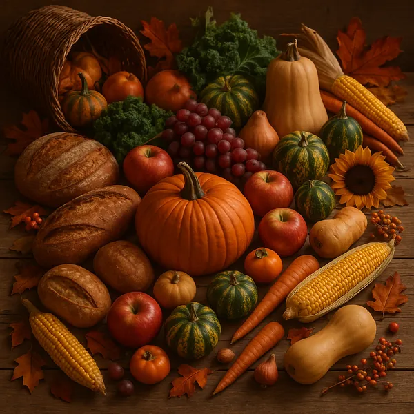 Discover a puzzle with a cozy autumn harvest spread featuring pumpkins, gourds, corn, carrots, apples, grapes, crusty bread, and a bright sunflower artfully arr