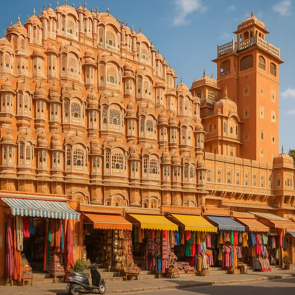 Discover a puzzle with a sunlit scene of an ornate sandstone façade rising above a lively street market.
