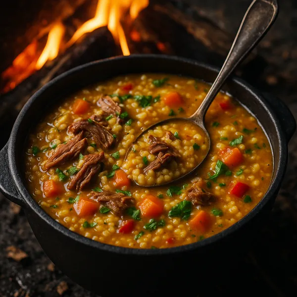 Enjoy assembling a puzzle depicting a steaming bowl of hearty stew in a black cast-iron pot, lit by the warm glow of a crackling fire.