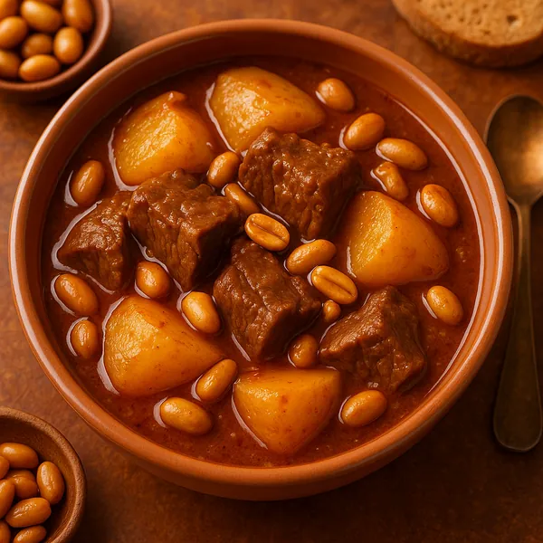 Enjoy assembling a puzzle depicting a hearty beef and potato stew in a rustic earthenware bowl on PuzzleFree.Game.