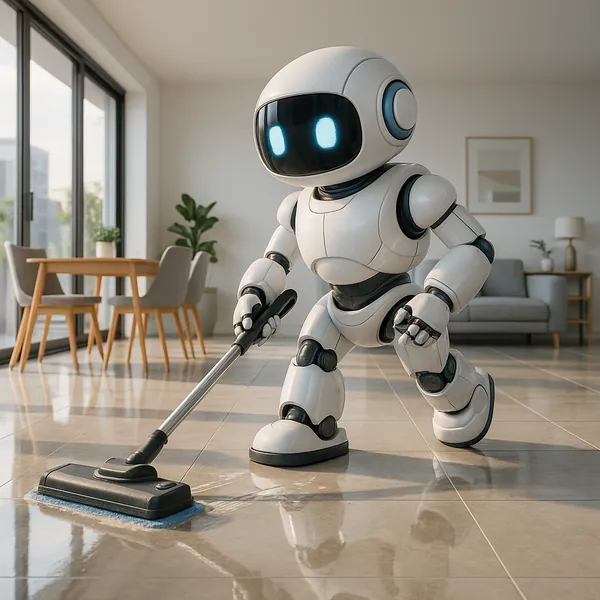 Discover a puzzle with an adorable white robot gently mopping the glossy tile floor of a sunlit modern living room.