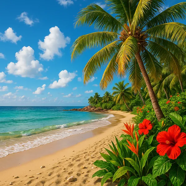 Enjoy assembling a puzzle depicting a sunlit tropical beach with swaying palm trees, turquoise waves lapping a golden sandy shore, and bright red hibiscus bloom