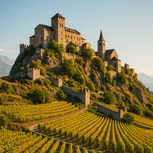 Discover a puzzle with a sunlit medieval castle perched on a rocky hill above neatly ordered vineyards.