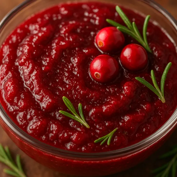 Discover a puzzle with a close-up view of glossy, deep-red cranberry sauce in a glass bowl, topped with three bright cranberries and sprigs of fresh rosemary.
