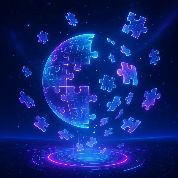 Discover a puzzle with a glowing, futuristic globe formed from neon jigsaw pieces floating against a deep starry backdrop.