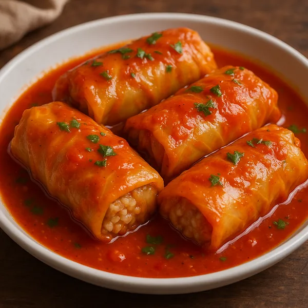 Discover a puzzle with a close-up of four glossy stuffed cabbage rolls bathed in rich red tomato sauce, garnished with flecks of fresh green parsley.