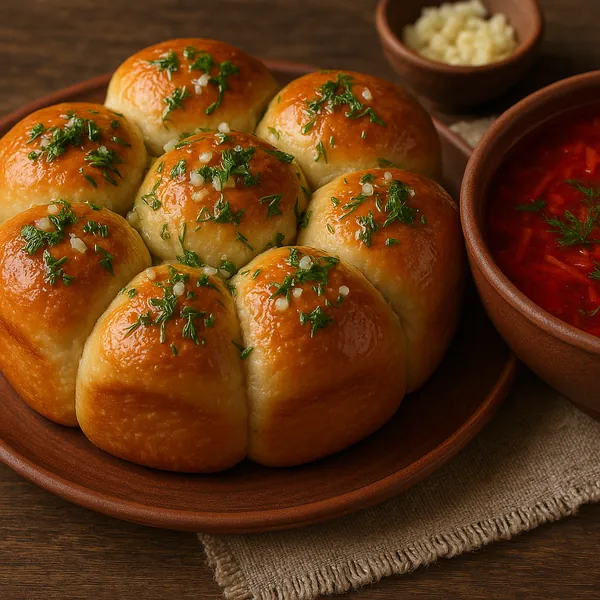 Enjoy assembling a puzzle depicting a rustic, cozy spread of freshly baked golden dinner rolls brushed with butter and sprinkled with chopped garlic and parsley