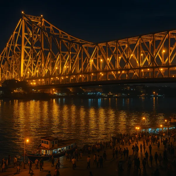 Discover a puzzle with a glowing night bridge lit by warm golden lights, its intricate steel structure reflected in rippling river water below.