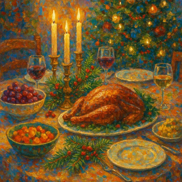 This image features a festive Christmas dinner table set with a roasted turkey as the centerpiece, surrounded by bowls of fruit and vegetables.