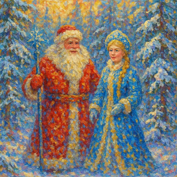 This image features a vibrant, impressionistic depiction of a Christmas and New Year theme, showcasing Santa and the Snow Maiden in a snowy forest.
