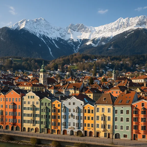 Discover a puzzle with a charming riverside row of pastel houses and red-tiled roofs set against a leafy hillside and the majestic, snow-capped Alps under a cle