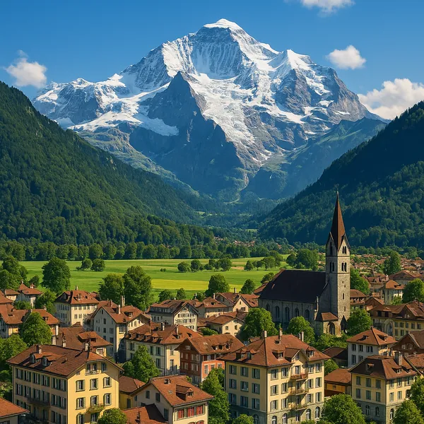 Discover a puzzle with a sunlit alpine village nestled beneath a towering, snow-capped mountain.