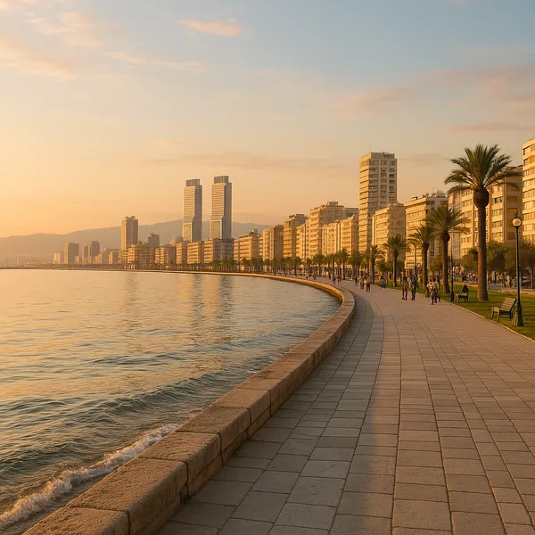 Discover a puzzle with a sunlit seaside promenade stretching along a calm waterfront at golden hour.