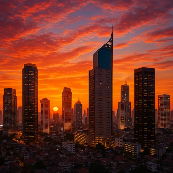 Discover a puzzle with a dramatic city skyline at sunset, where towering skyscrapers stand silhouetted against a radiant sky painted in deep oranges, fiery reds