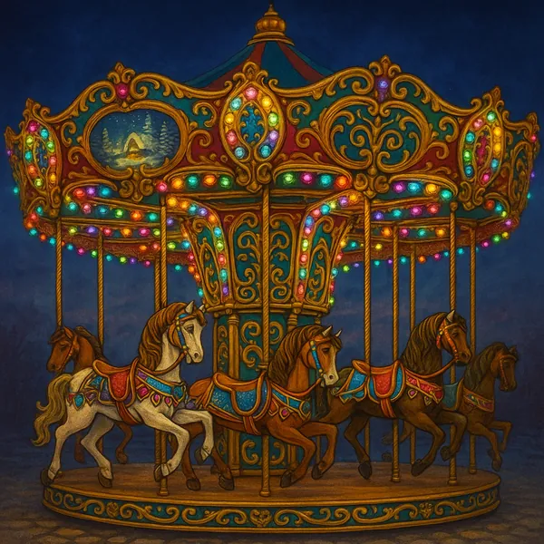 Enjoy assembling a puzzle depicting a richly detailed vintage carousel aglow with multicolored bulbs and ornate gold filigree.