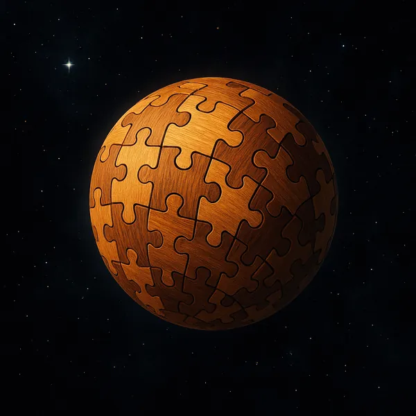Discover a puzzle with a warm, wooden jigsaw sphere set against a deep, starry space background.