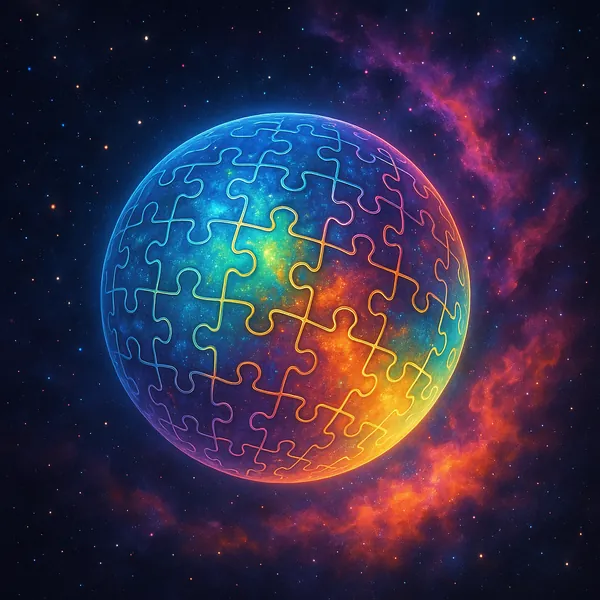 Discover a puzzle with a glowing, spherical world made of interlocking jigsaw pieces set against a starry cosmic backdrop.