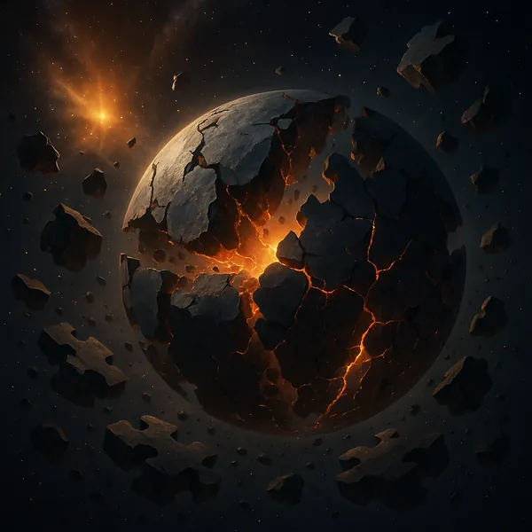 Discover a puzzle with a dramatic cosmic scene of a cracked, molten planet breaking into glowing fragments against a star-speckled void.