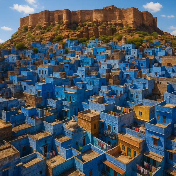 Discover a puzzle featuring a vibrant aerial view of tightly packed blue houses spilling down a sunlit hillside beneath an ancient earthen fortress.