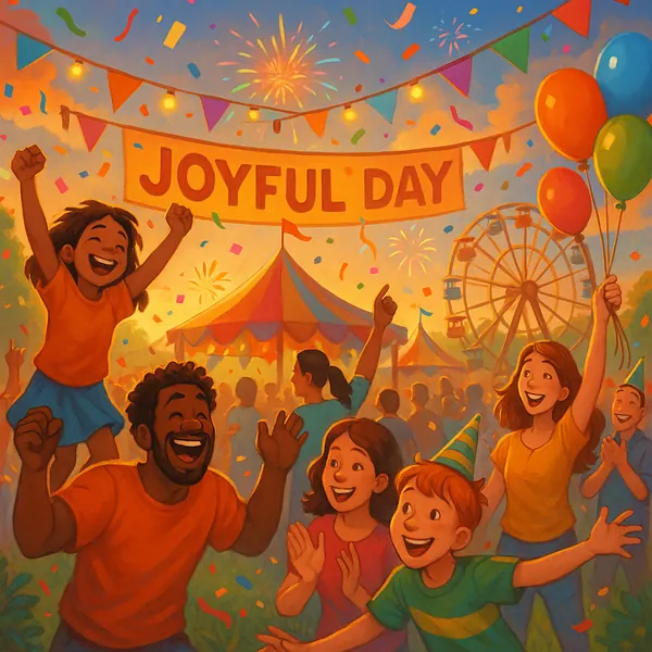 Discover a puzzle with a cheerful carnival scene titled "Joyful Day," bursting with warm golden light, bright balloons, colorful bunting, and fireworks over a f