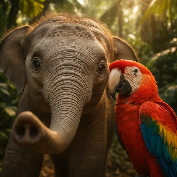 Discover a puzzle with a heartwarming close-up of a young elephant standing beside a vibrant scarlet macaw in a sun-dappled jungle.