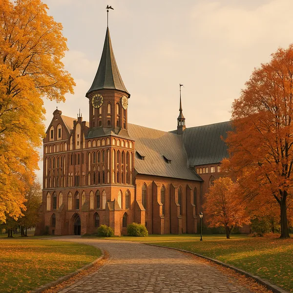 Discover a puzzle with a historic red‑brick cathedral framed by golden autumn trees and a winding cobblestone path.