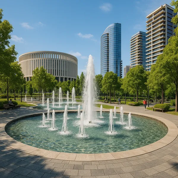 Enjoy assembling a puzzle depicting a sunny city park with a graceful circular fountain in the foreground, clear blue water and crisp white jets framed by leafy