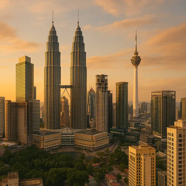 Discover a puzzle with a sweeping city skyline at golden hour, featuring twin soaring towers flanked by sleek modern skyscrapers under soft, amber clouds.