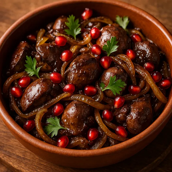 Discover a puzzle with a close-up of a rustic bowl of glossy braised mushrooms and caramelized onions, dotted with jewel-like pomegranate seeds and fresh parsle