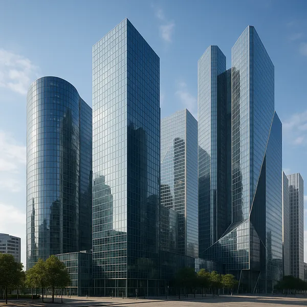 Discover a puzzle with towering glass skyscrapers reflecting a soft blue sky and crisp city light.